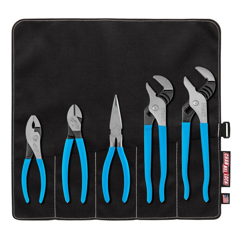 CHANNELLOCK TOOL ROLL-3 5pc Professional Pliers Set with Tool Roll, Made in USA, Includes Straight Jaw Tongue & Groove, Cutting, Long Nose, and Slip Joint Pliers, Forged High Carbon Steel - Image 1